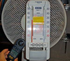 乾湿計を扇風機の前に針金で吊り下げて温度を測っている様子